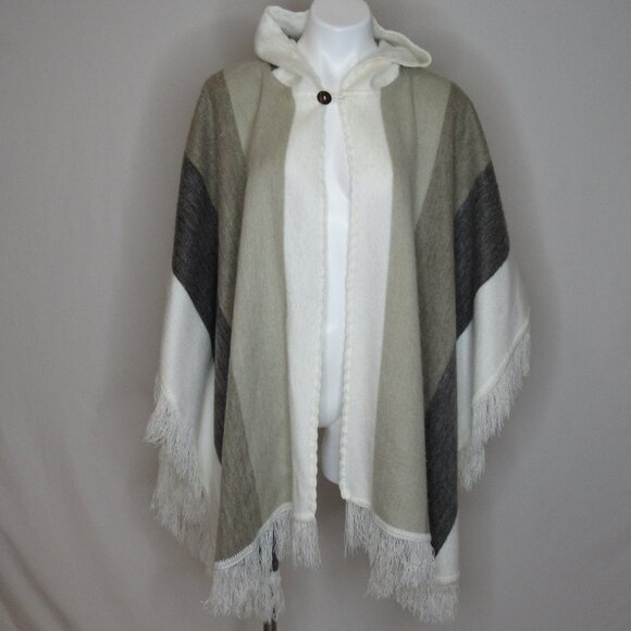 Andes Native Roots Sweaters - Andes Native Roots Hooded Poncho Alpaca Wool Hand Made Beige Stripe Women's OS